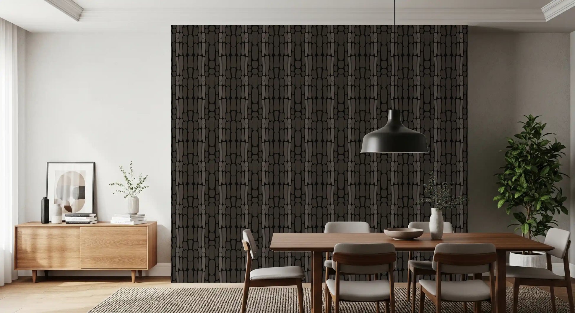 Cosy dining featuring Black Textured Stone Shapes abstract wallpaper