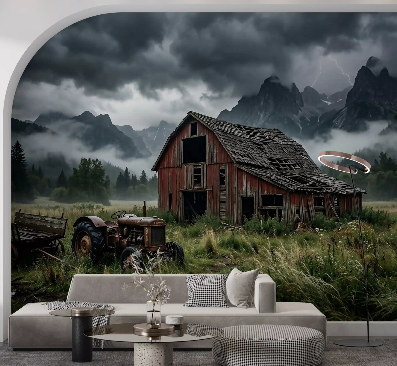 Modern living room lounge backed by Rustic Thunder mountain storm wall mural