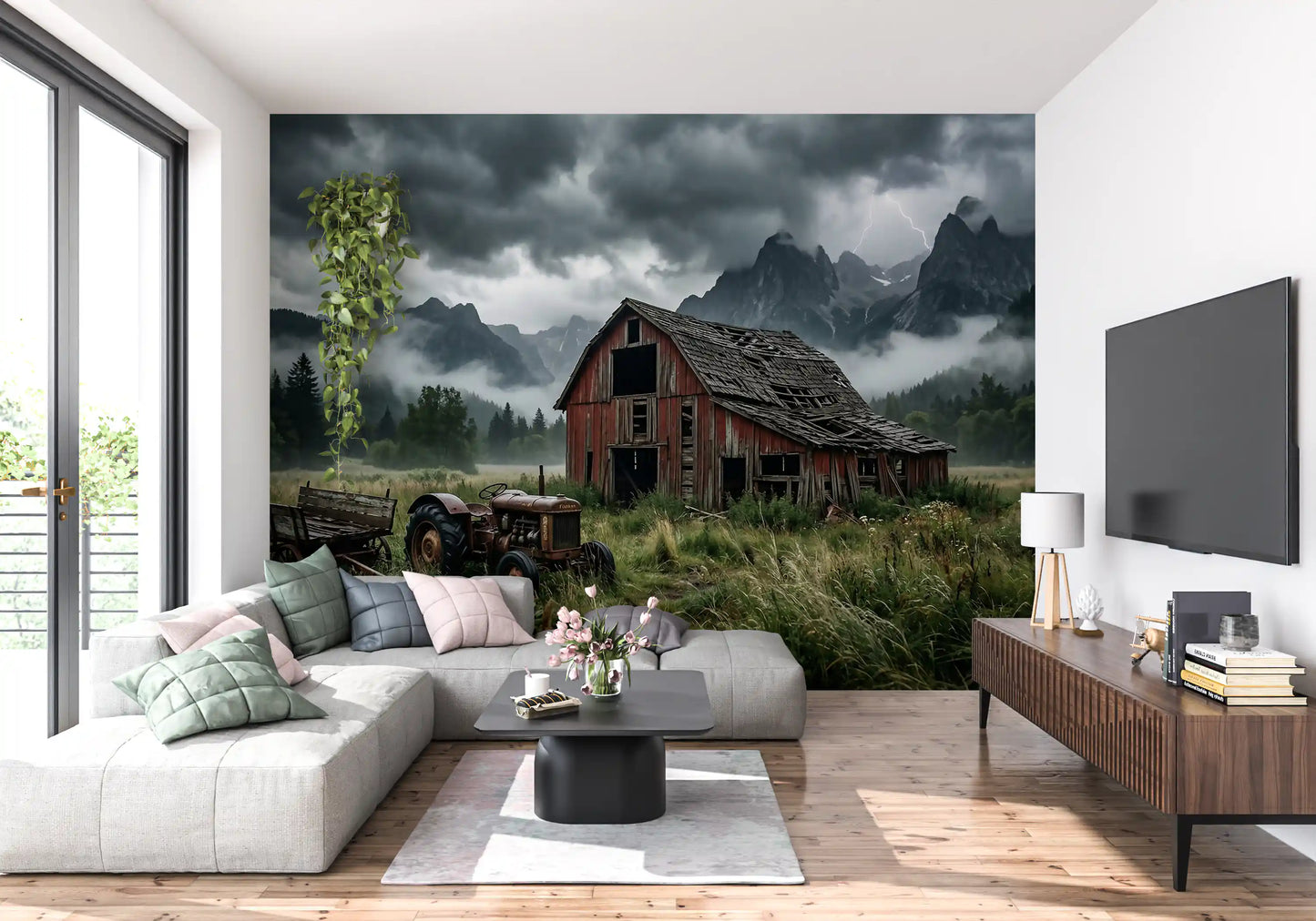 Jagged misty peaks rising behind a timber barn on mountain storm wall mural