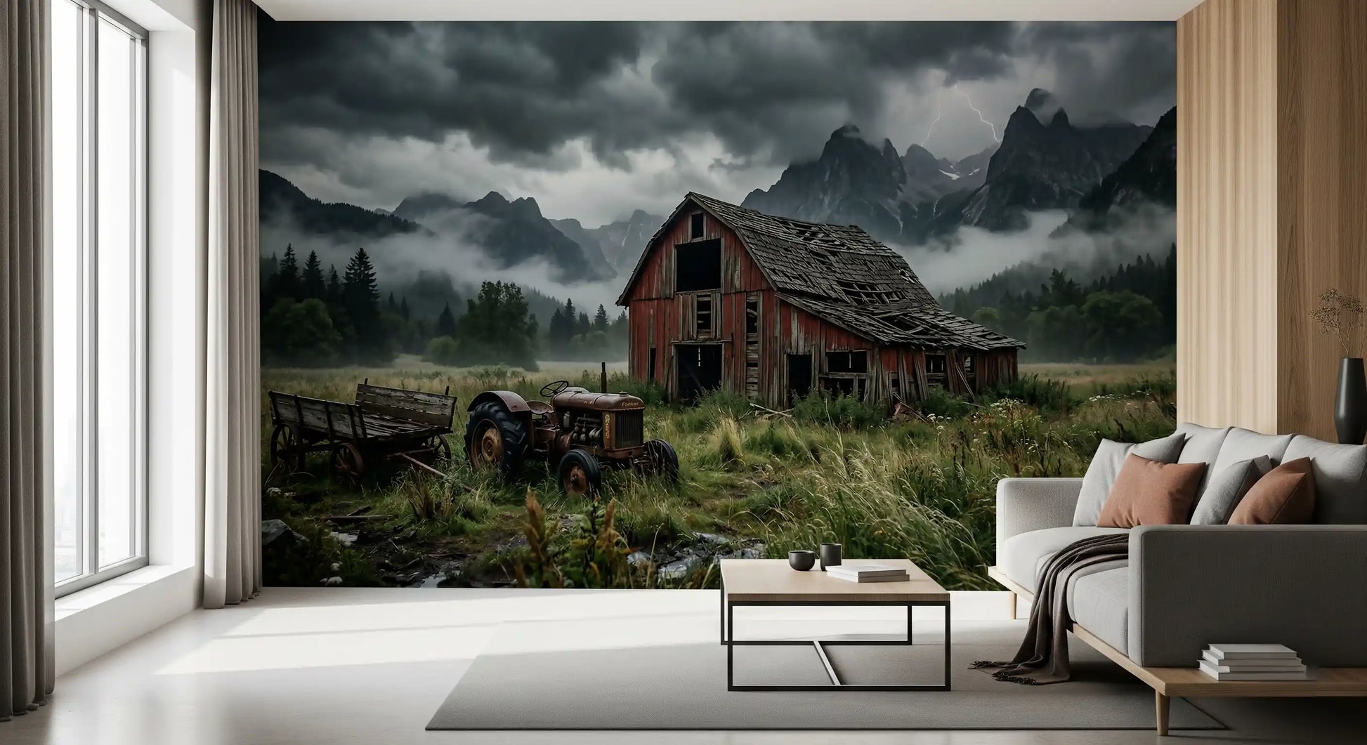 lounge area carrying Rustic Thunder stormy barn scene wall mural