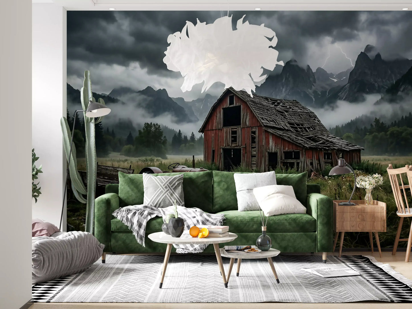 Faint lightning streak cutting through moody skies on mountain storm wall mural