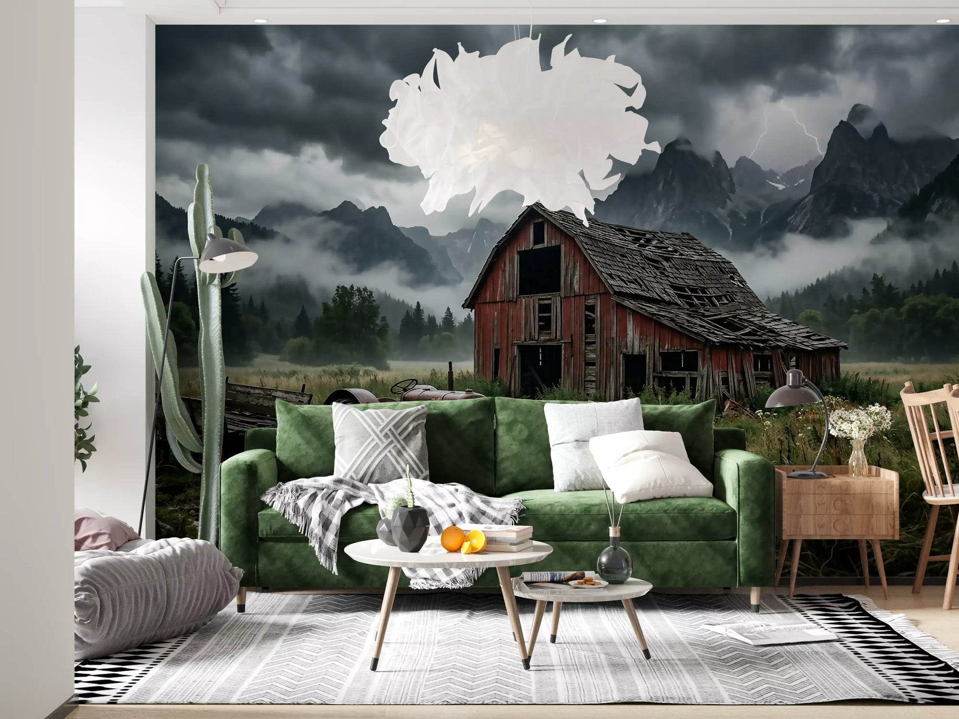 Faint lightning streak cutting through moody skies on mountain storm wall mural