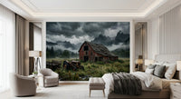 Bedroom holding moody mountain barn landscape wall mural