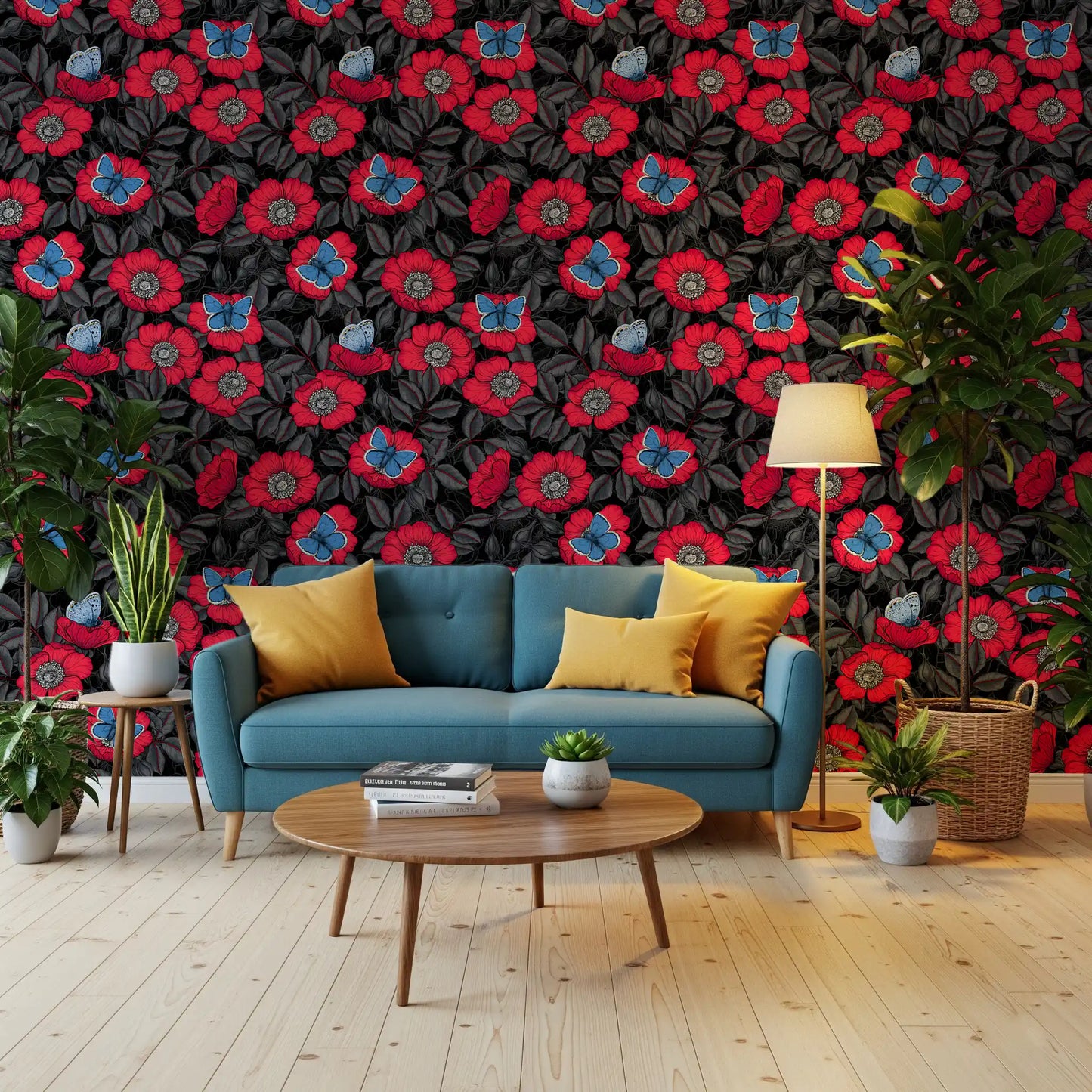 Dog Rose and Butterflies – Red and Blue Floral Colored Line Art on Red Background Wallpaper⁠