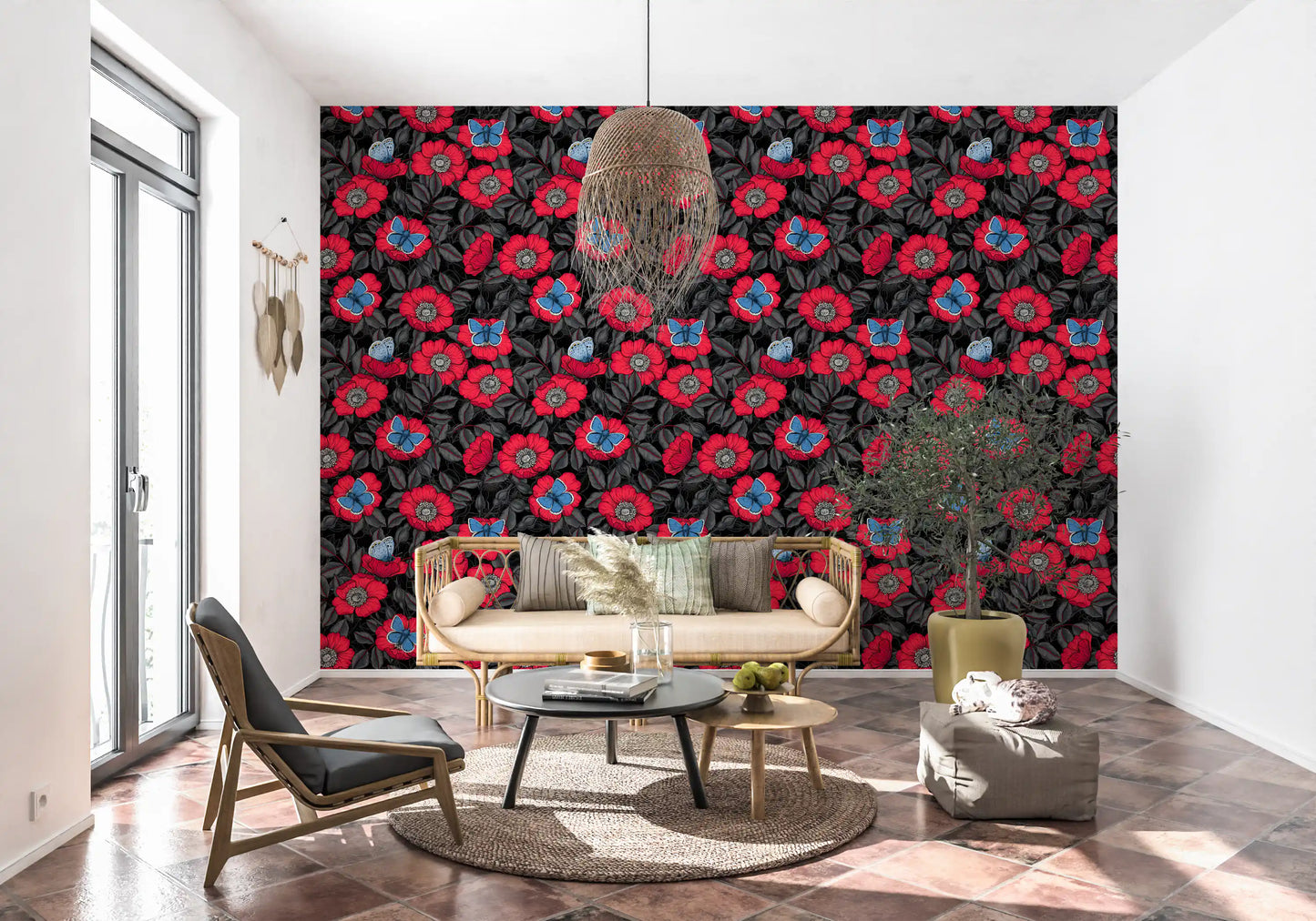 Dog Rose and Butterflies – Red and Blue Floral Colored Line Art on Red Background Wallpaper⁠