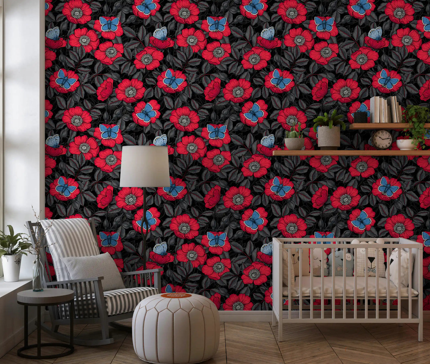 Dog Rose and Butterflies – Red and Blue Floral Colored Line Art on Red Background Wallpaper⁠