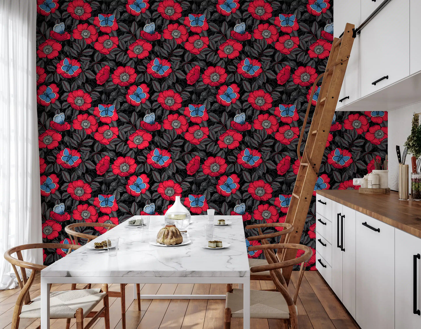Dog Rose and Butterflies – Red and Blue Floral Colored Line Art on Red Background Wallpaper⁠