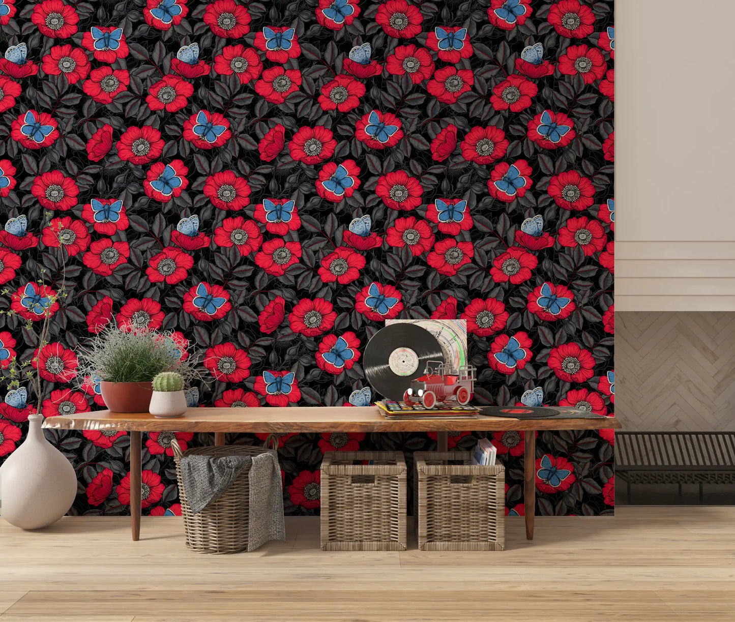 Dog Rose and Butterflies – Red and Blue Floral Colored Line Art on Red Background Wallpaper⁠