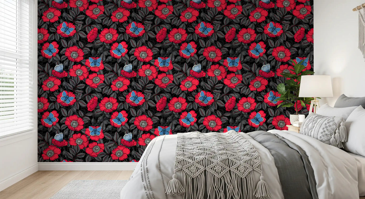 Dog Rose and Butterflies – Red and Blue Floral Colored Line Art on Red Background Wallpaper⁠