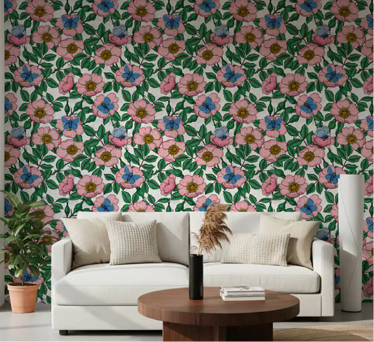 Living room paired with Dog Rose Butterflies floral wallpaper in pink and green