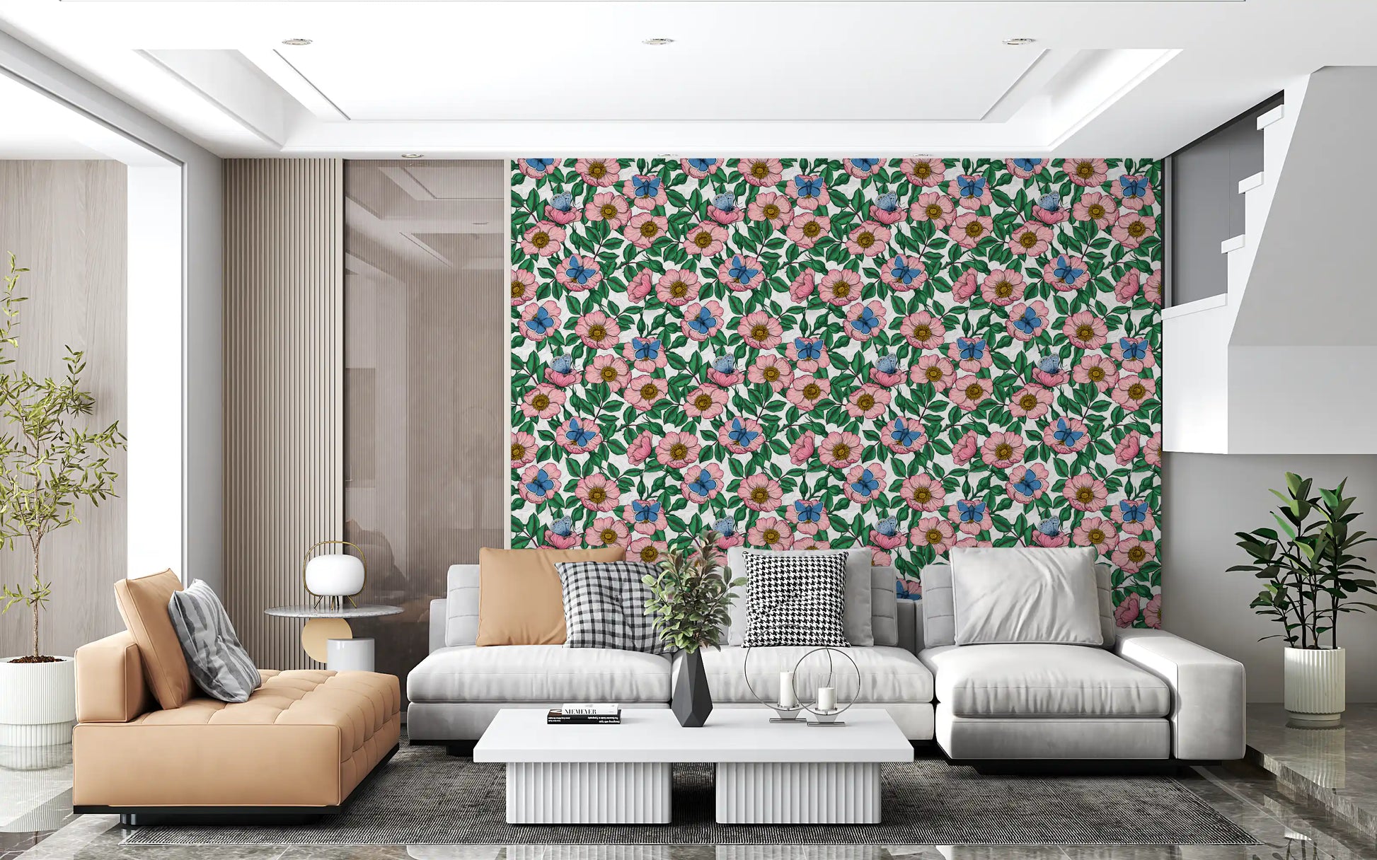 Lounge area showing Pink Dog Rose Butterflies wallpaper in soft botanical tones