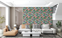 Lounge area showing Pink Dog Rose Butterflies wallpaper in soft botanical tones