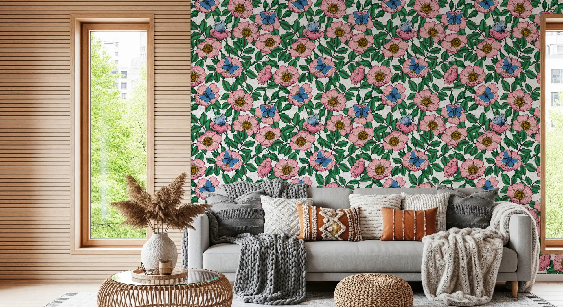 Lounge area featuring Pink Dog Rose Butterflies wallpaper with blue accents