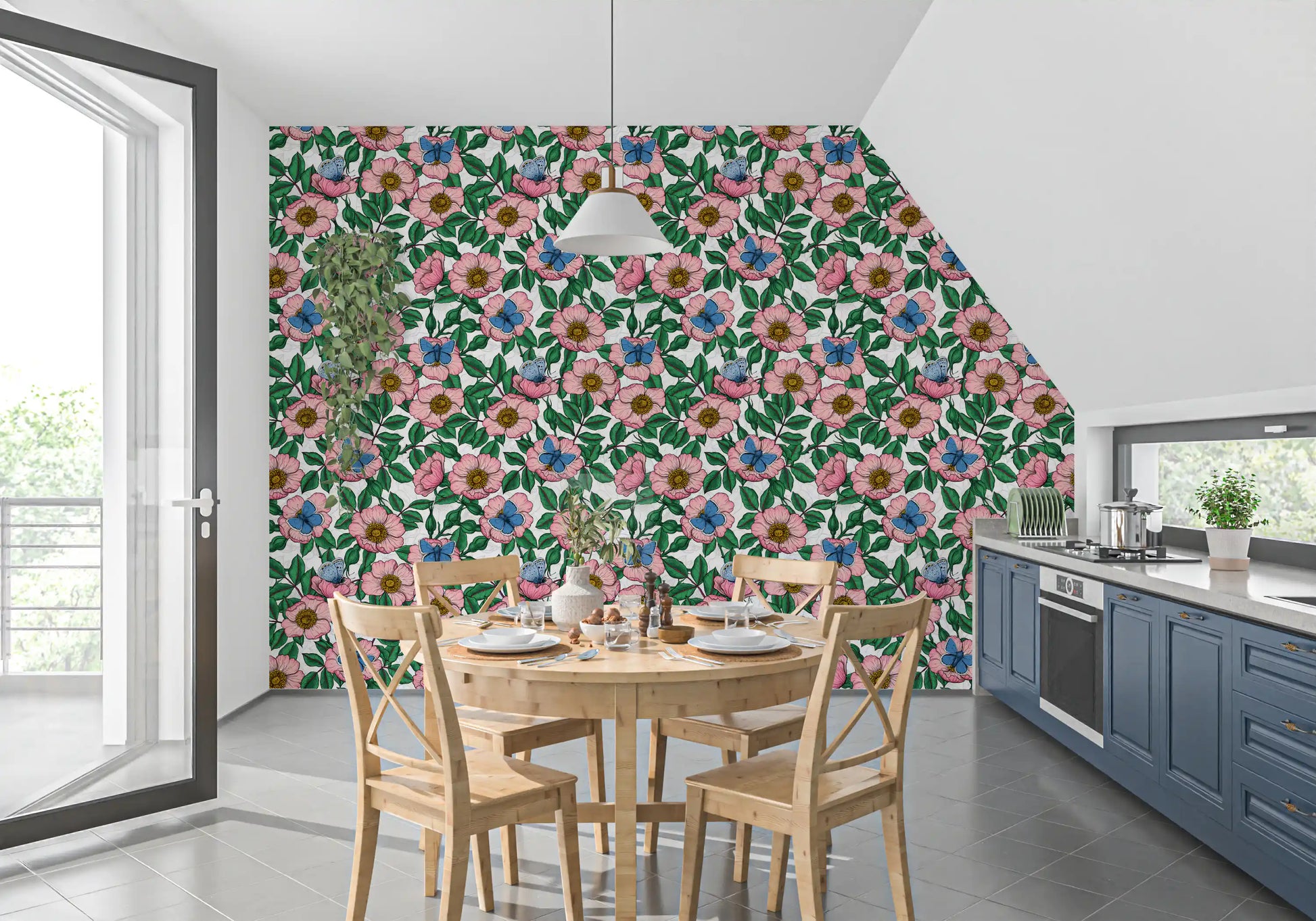 Kitchen-dining styled in Dog Rose floral wallpaper with green foliage