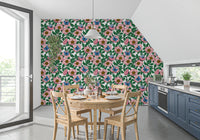 Kitchen-dining styled in Dog Rose floral wallpaper with green foliage
