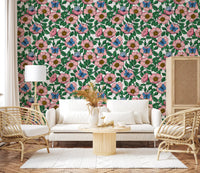 Blue butterflies resting between petals on Pink Dog Rose floral wallpaper