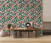 Hallway paired with Floral Dog Rose wallpaper on bright white backdrop