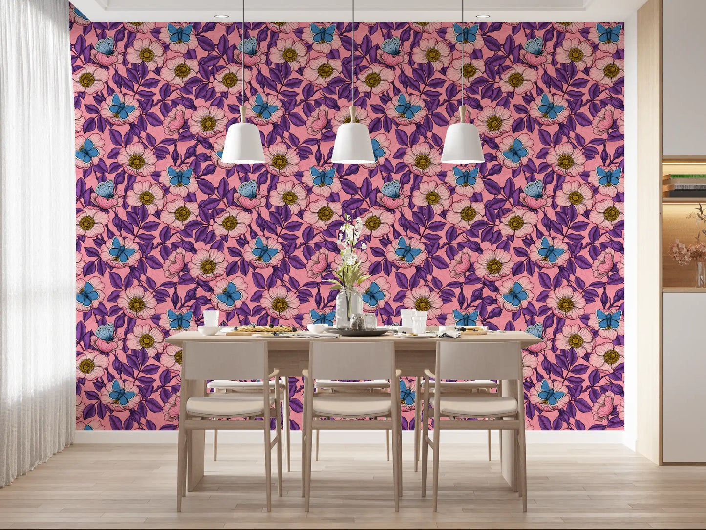 Dining room lit by the dog rose and butterfly wallpaper in pink and purple tones