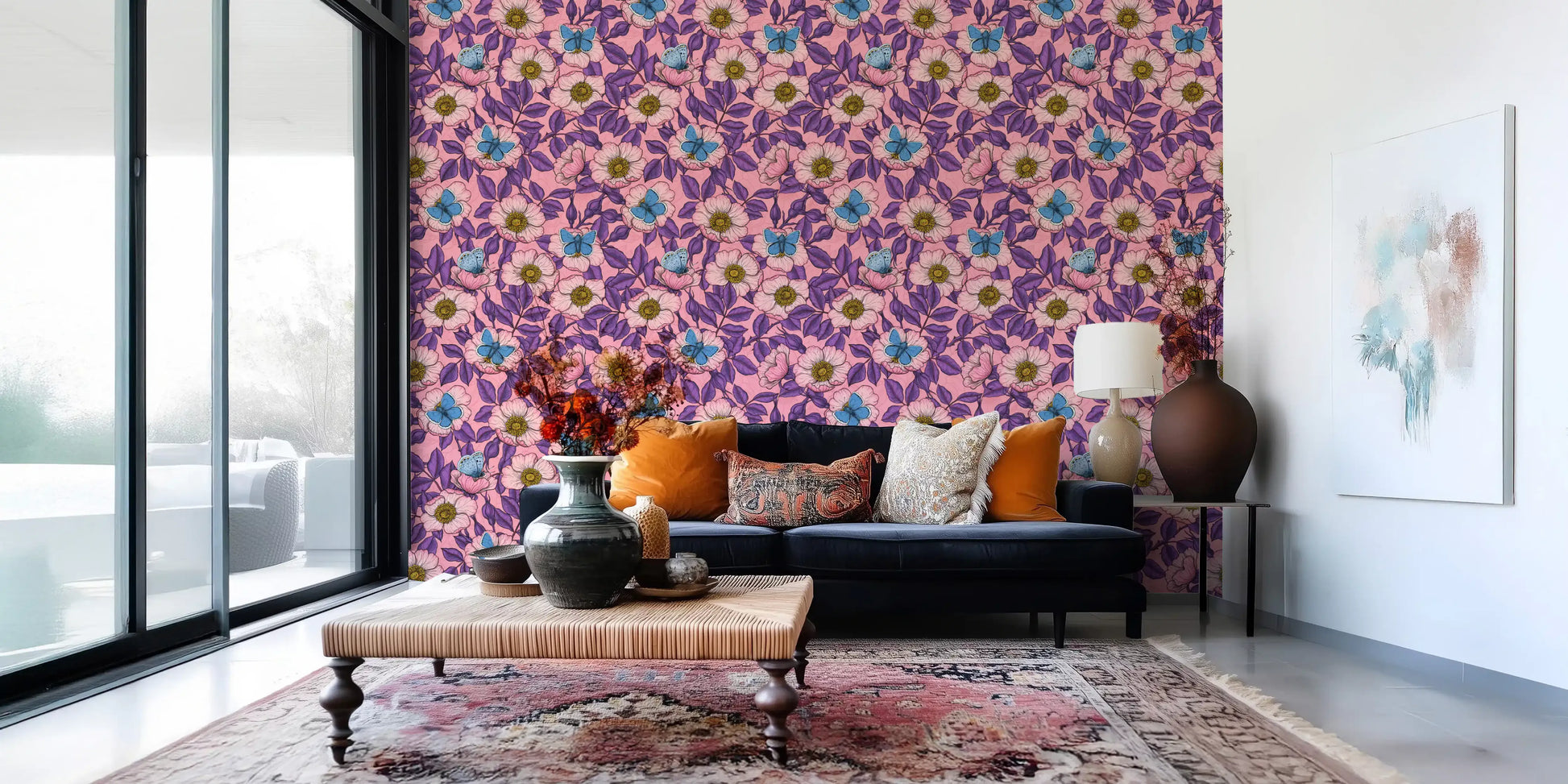 Botanical Living room backdrop comes from dog rose and butterfly wallpaper in pink hues