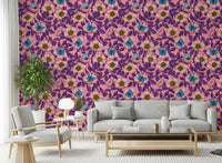 Pink and purple dog rose butterfly wallpaper sets the tone of a bright living room