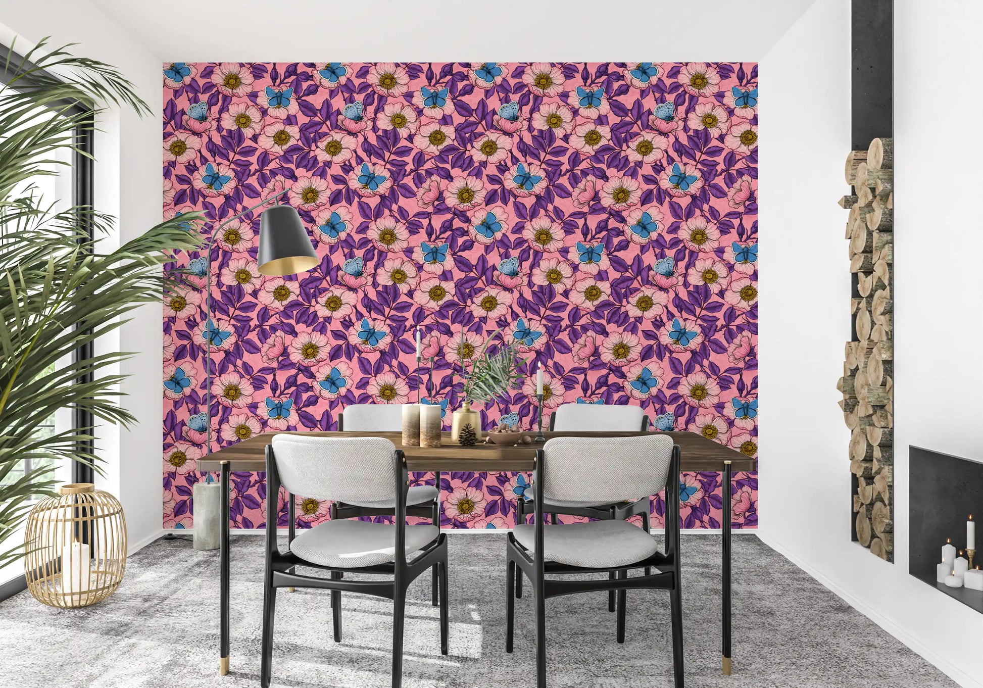 dog rose butterfly wallpaper warms the open Dining room in pink and purple