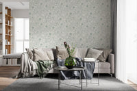 Muted sage green ink shaping Dog Rose and Butterflies wallpaper