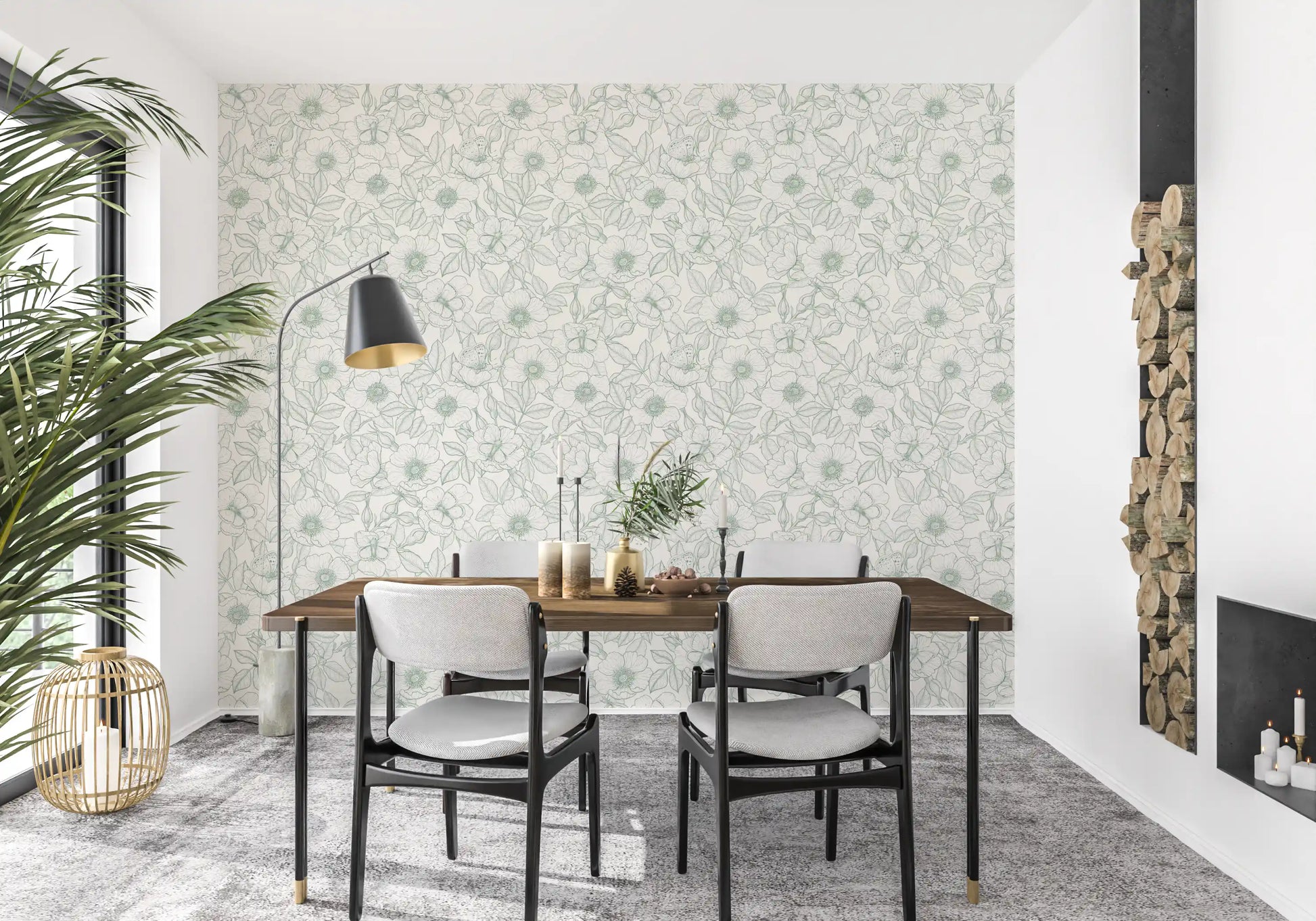 Dining room paired with hand-drawn Dog Rose and Butterflies wallpaper
