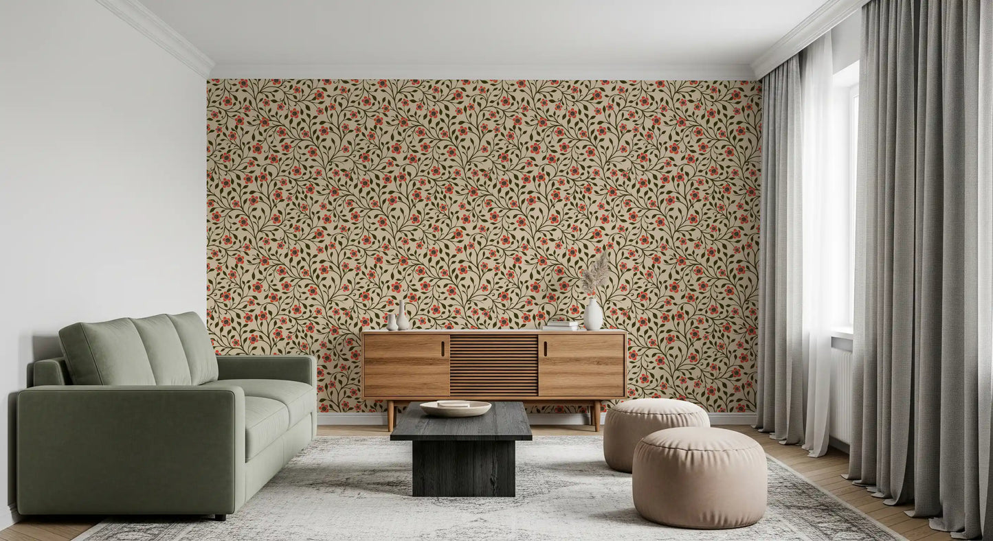 Coral blooms and curling vines wrap a Living room with Warm Folk wallpaper