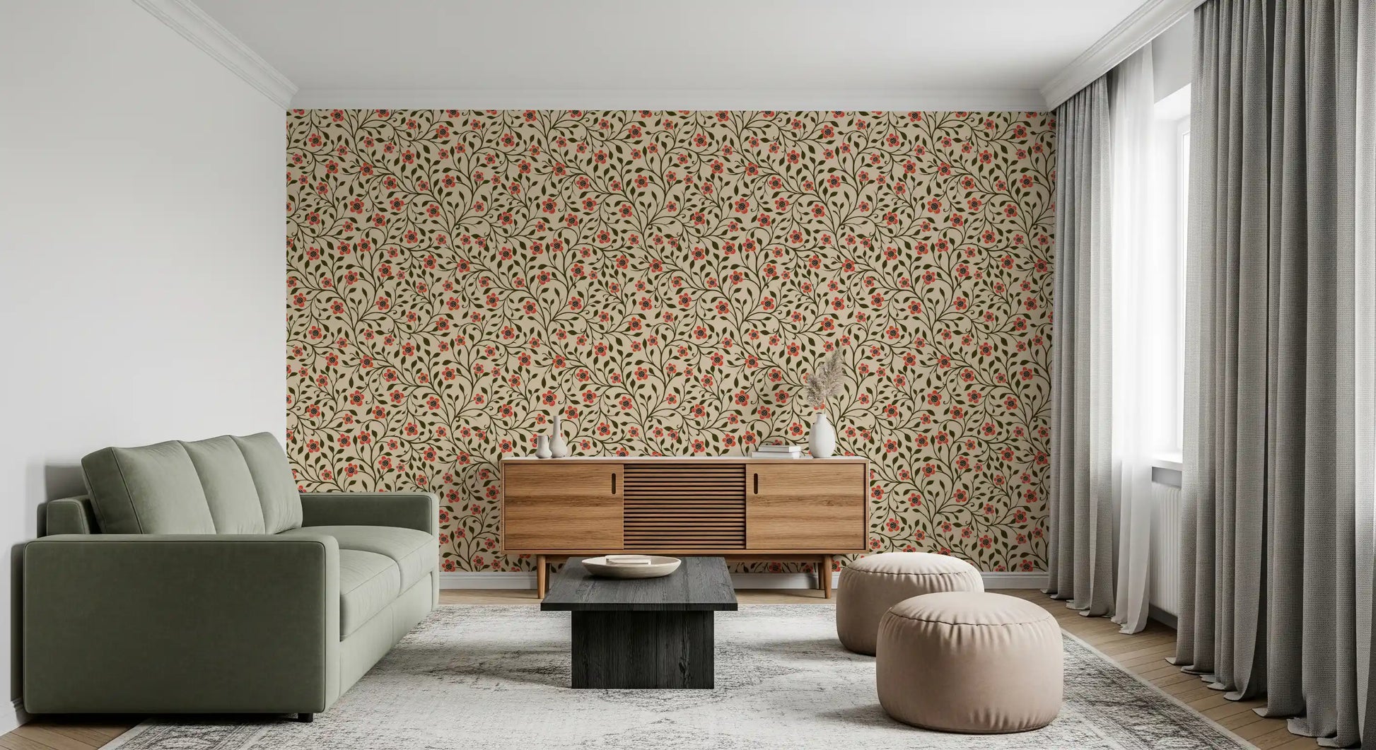Coral blooms and curling vines wrap a Living room with Warm Folk wallpaper