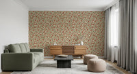Coral blooms and curling vines wrap a Living room with Warm Folk wallpaper