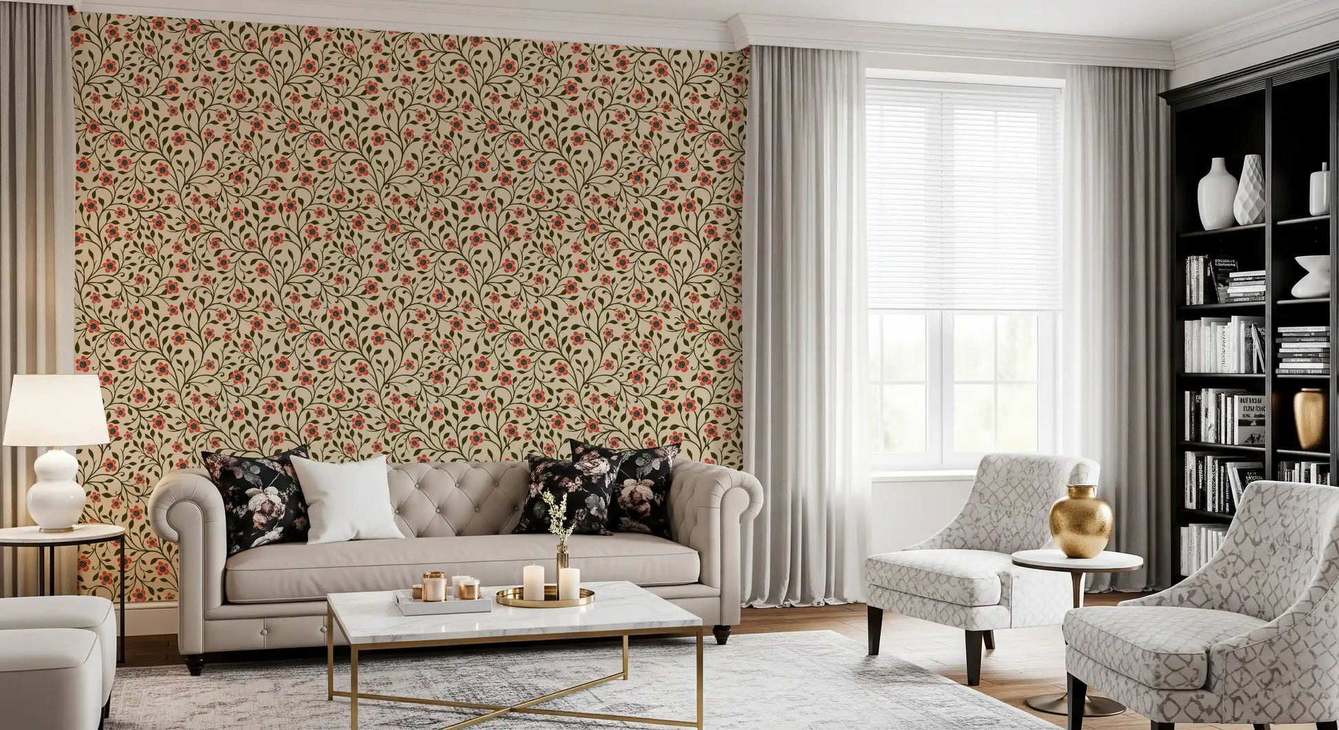 Folk Floral Vines wallpaper brings a calm cottage feel to a living room