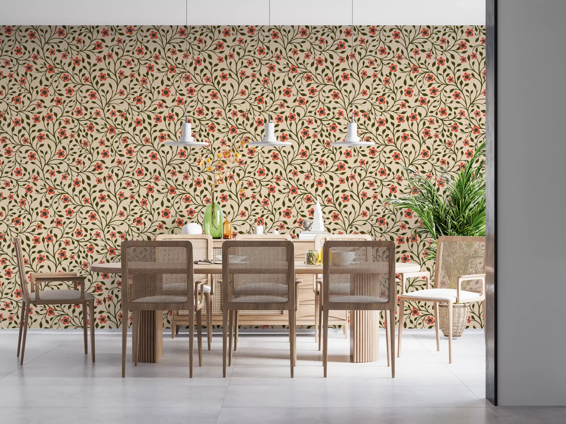 Coral, forest green, and cream balance across the Folk Floral Vines wallpaper