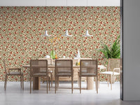 Coral, forest green, and cream balance across the Folk Floral Vines wallpaper