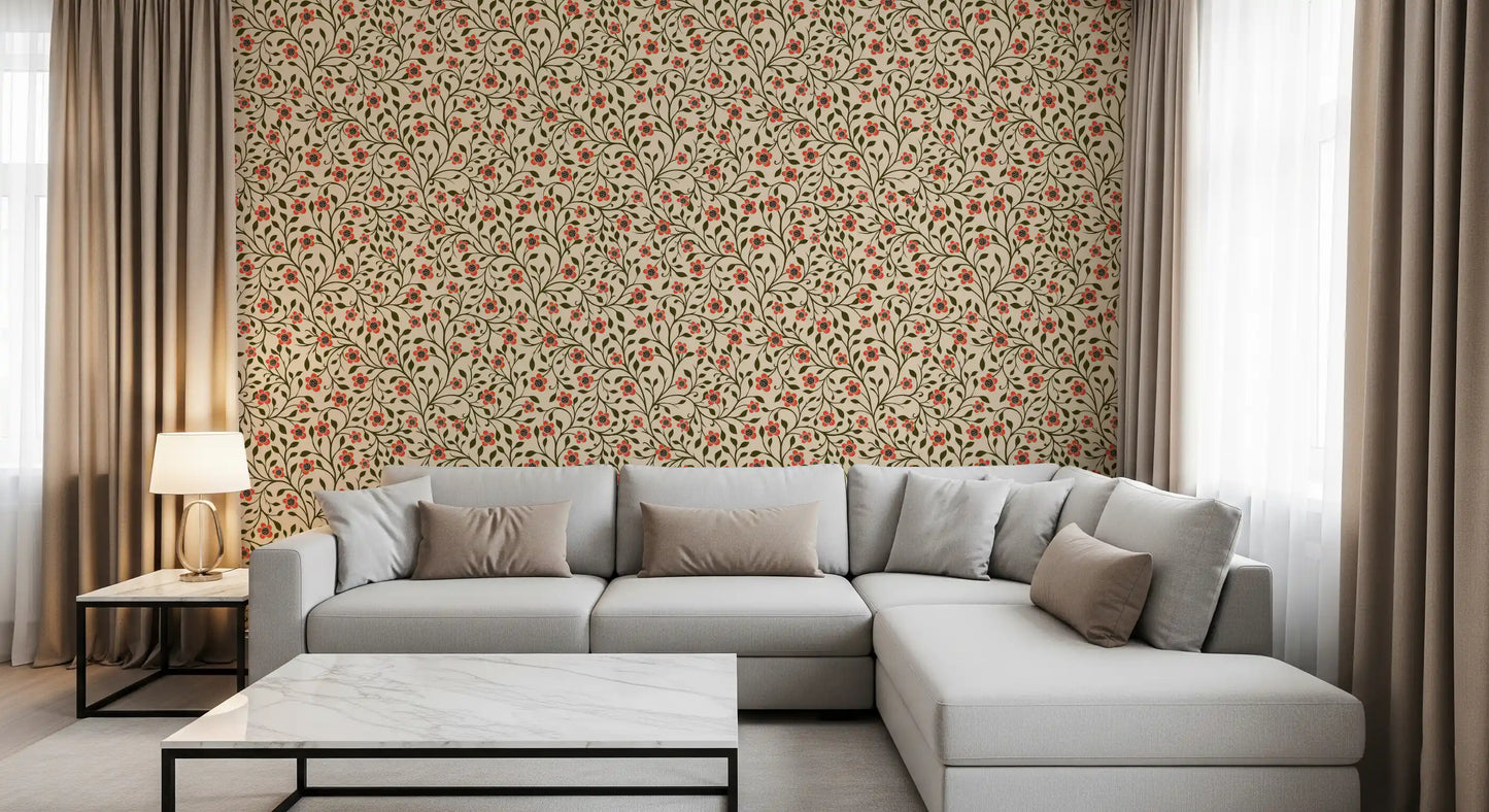 Cream backdrop sets off curling green vines on Warm Folk Floral wallpaper