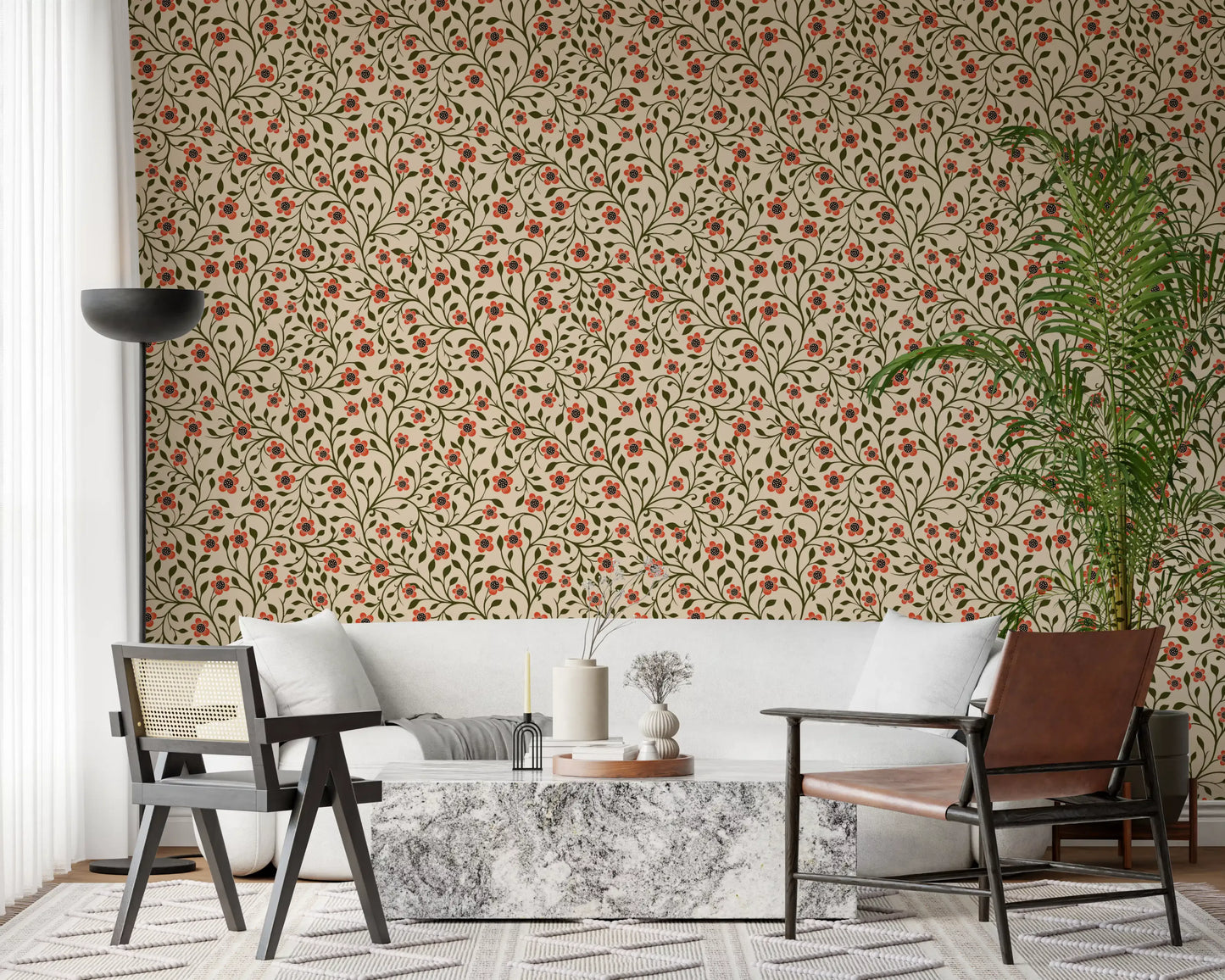Coral flowers with dark speckled centers fill the Folk Floral Vines wallpaper
