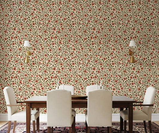 Dining room featuring Warm Folk Floral Vines wallpaper in coral and forest green