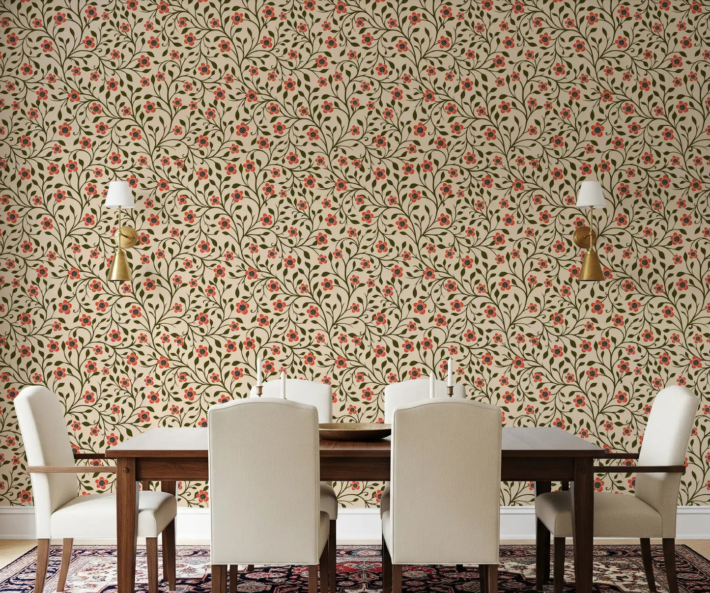 Dining room featuring Warm Folk Floral Vines wallpaper in coral and forest green