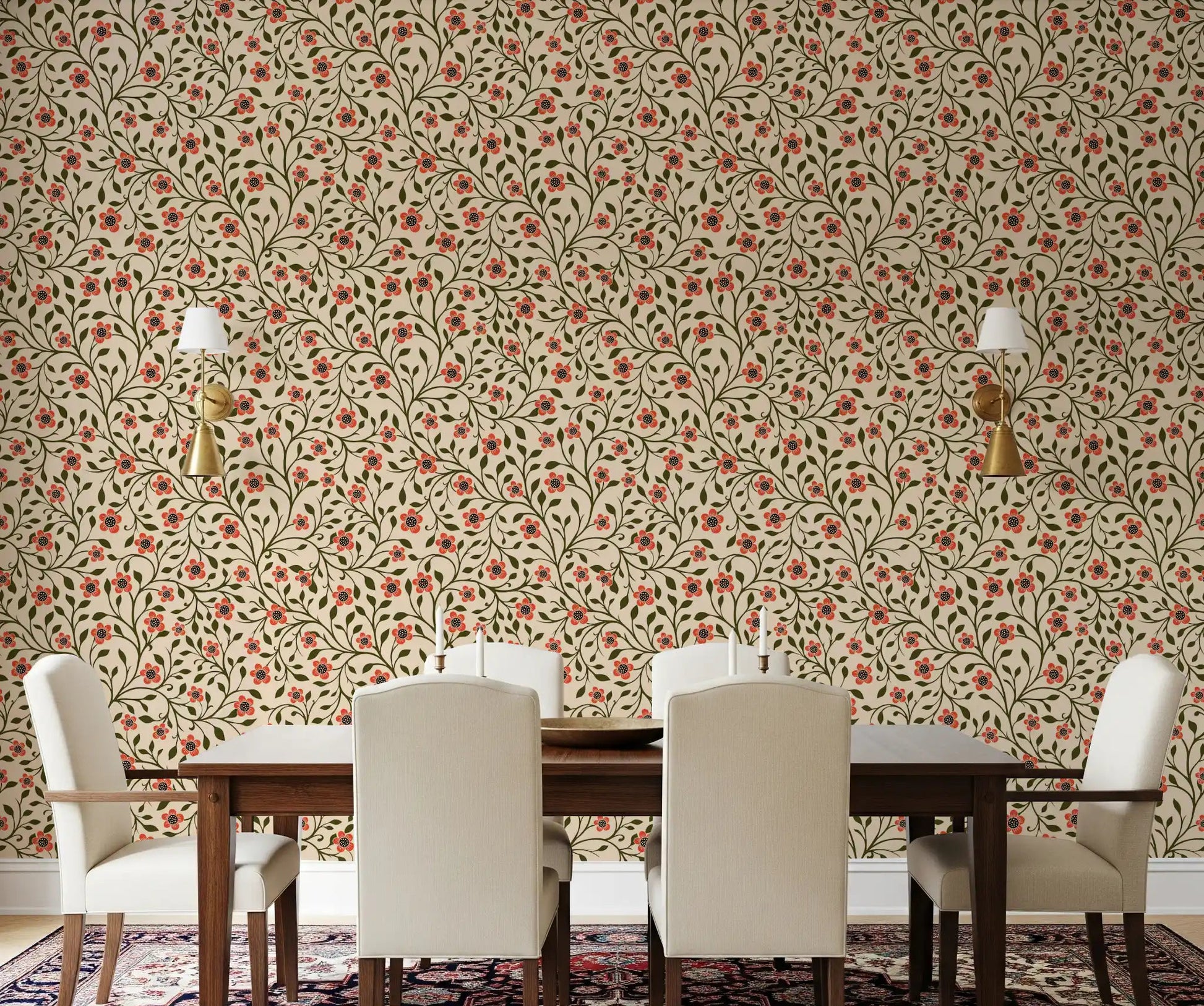 Dining room featuring Warm Folk Floral Vines wallpaper in coral and forest green