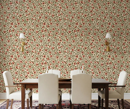 Dining room featuring Warm Folk Floral Vines wallpaper in coral and forest green