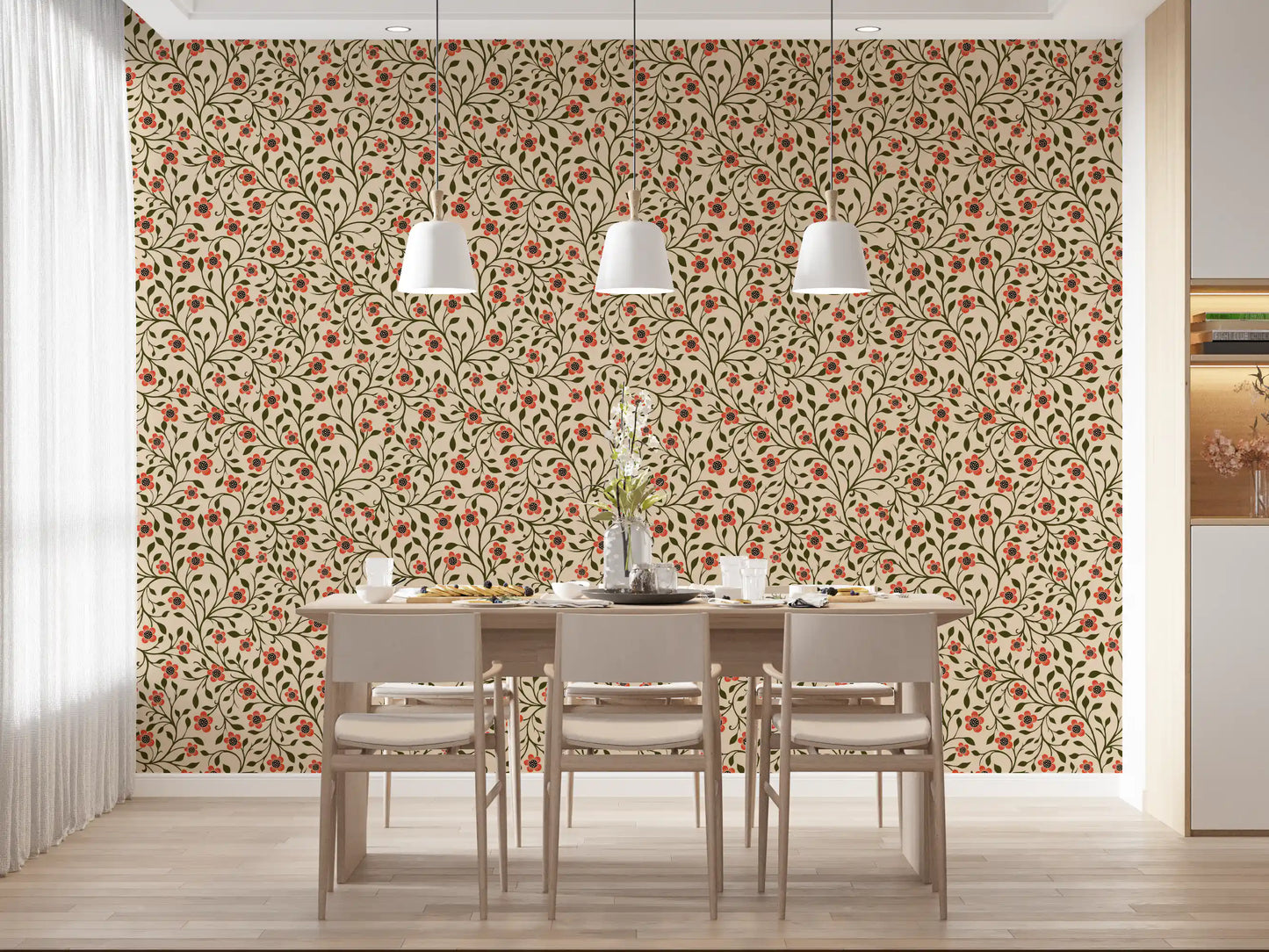 Cream and coral motifs anchor a Dining room dressed in Folk Floral Vines wallpaper