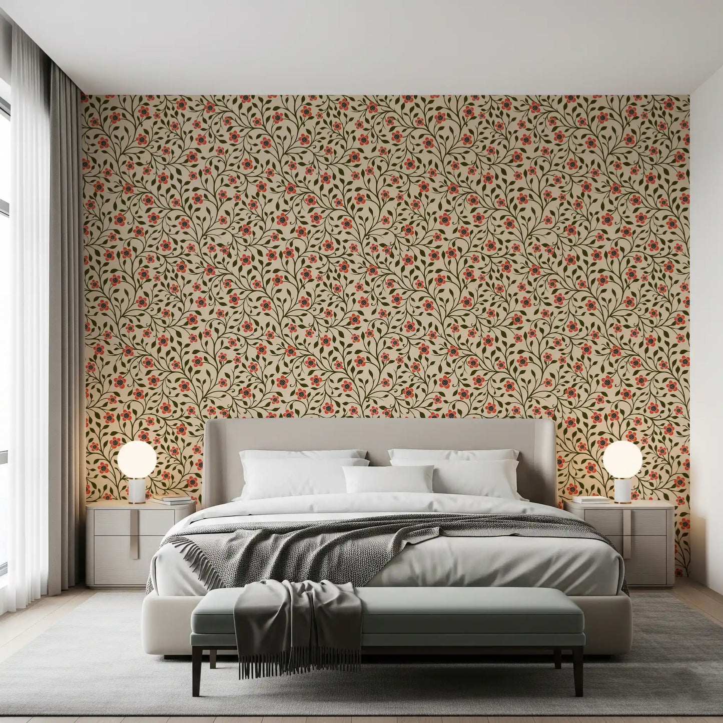 Warm Folk Floral Vines wallpaper showing coral blooms and dark green leaves