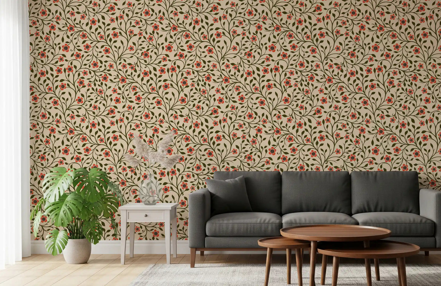 An entryway warmed by Folk Vines wallpaper in coral and cream tones