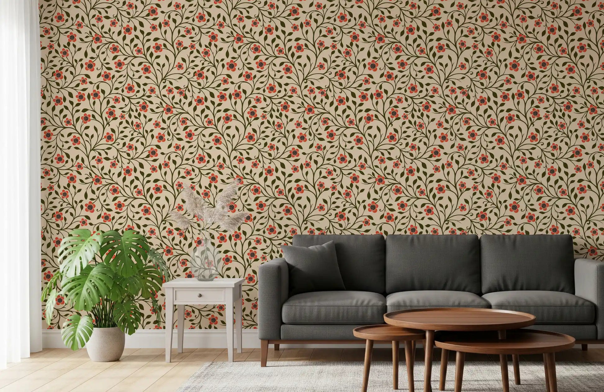 An entryway warmed by Folk Vines wallpaper in coral and cream tones