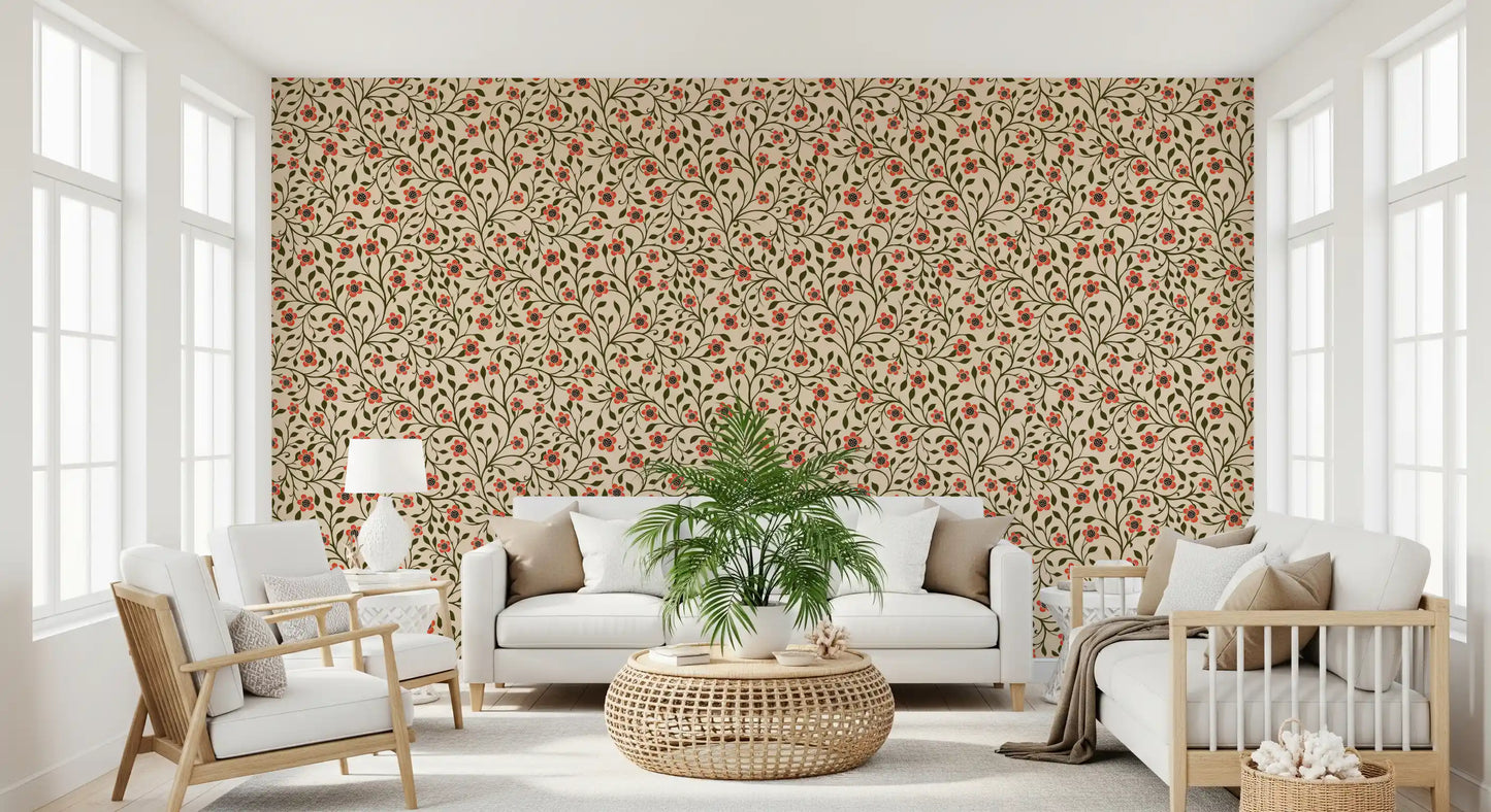 Cottage-feel hallway lined with Warm Folk Floral Vines wallpaper
