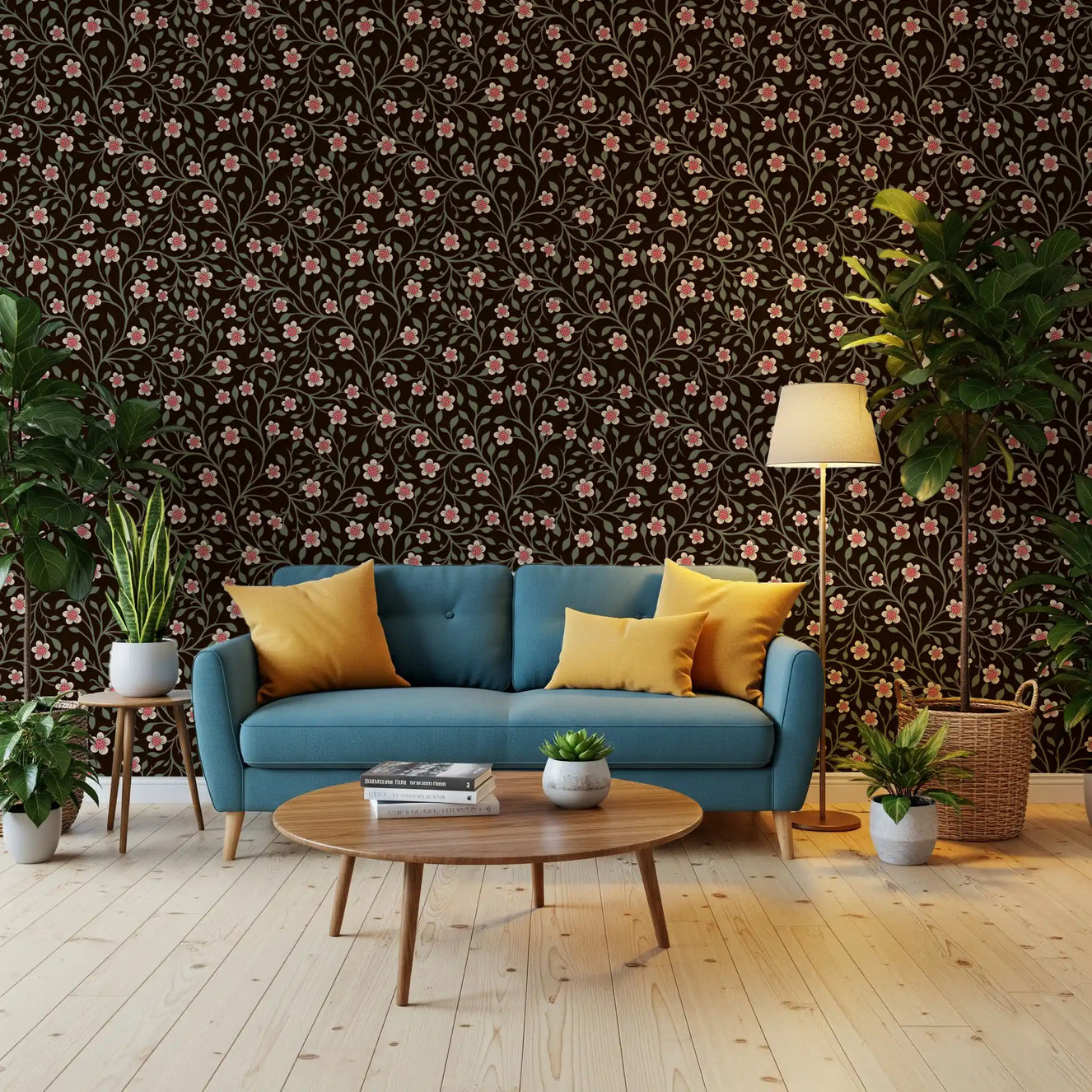 Cosy living room styled with dark botanical charm daisy wallpaper