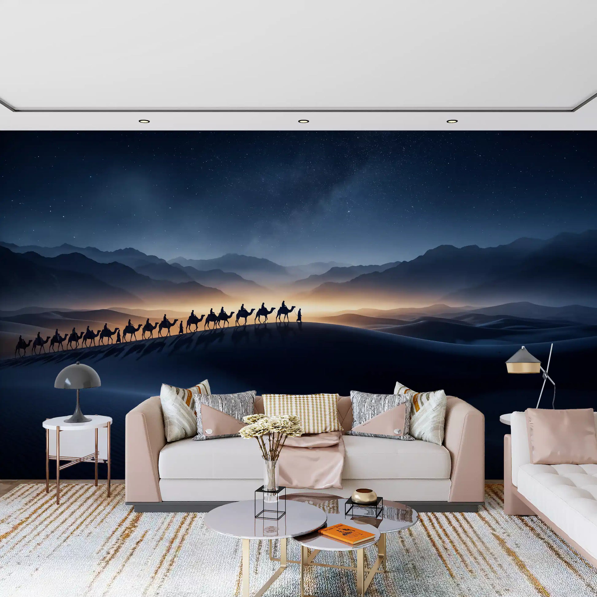 Detailed view of Desert Odyssey wall mural showing starlit sky and misty peaks