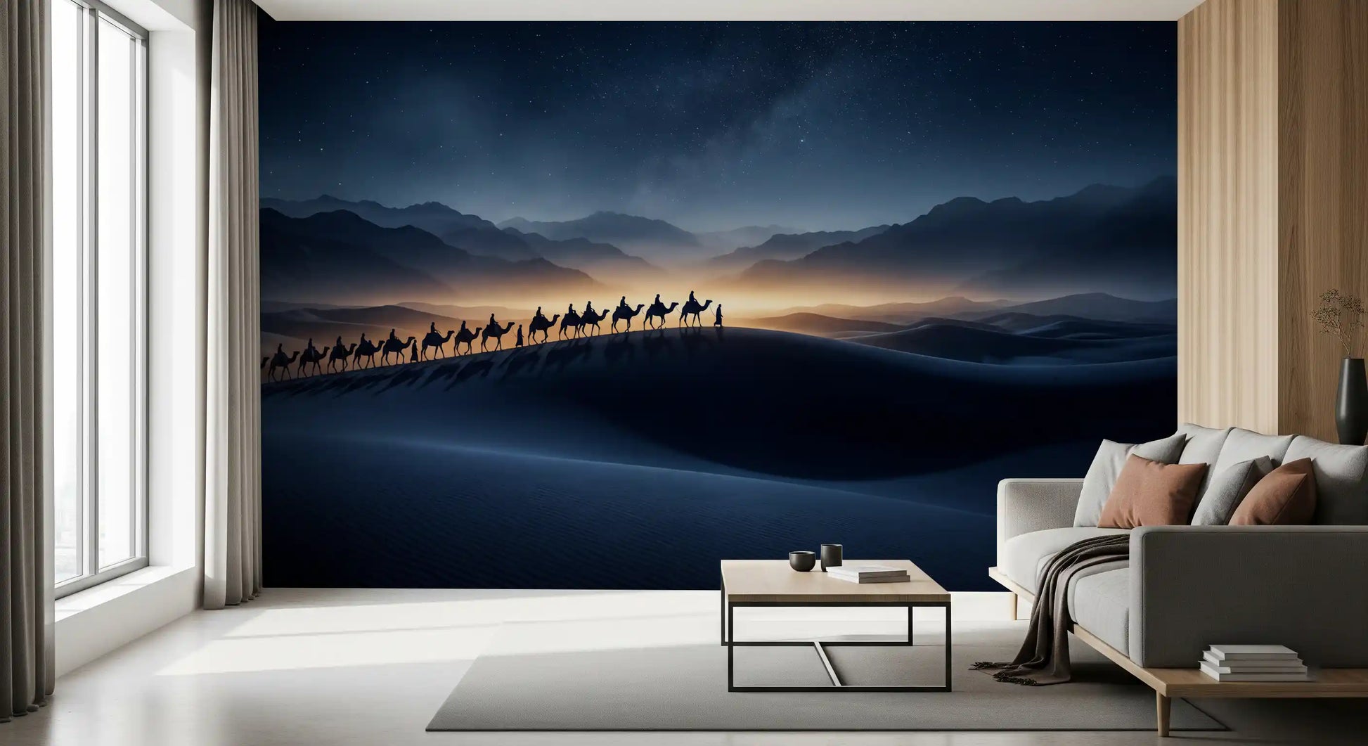 Lounge area featuring Camel Caravan Desert wall mural in misty tones
