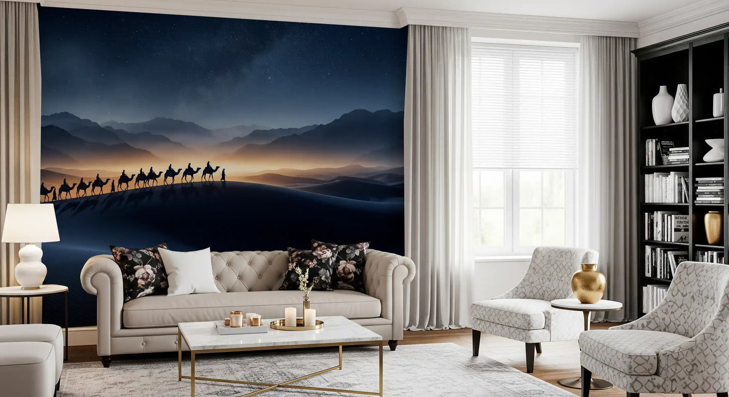 Lounge area styled with Starry Night Desert wall mural in indigo and amber