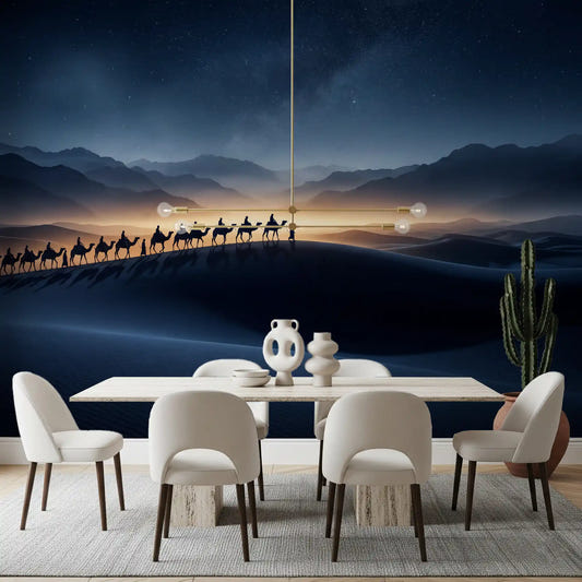Dining room paired with Desert Odyssey starry night wall mural in deep nav
