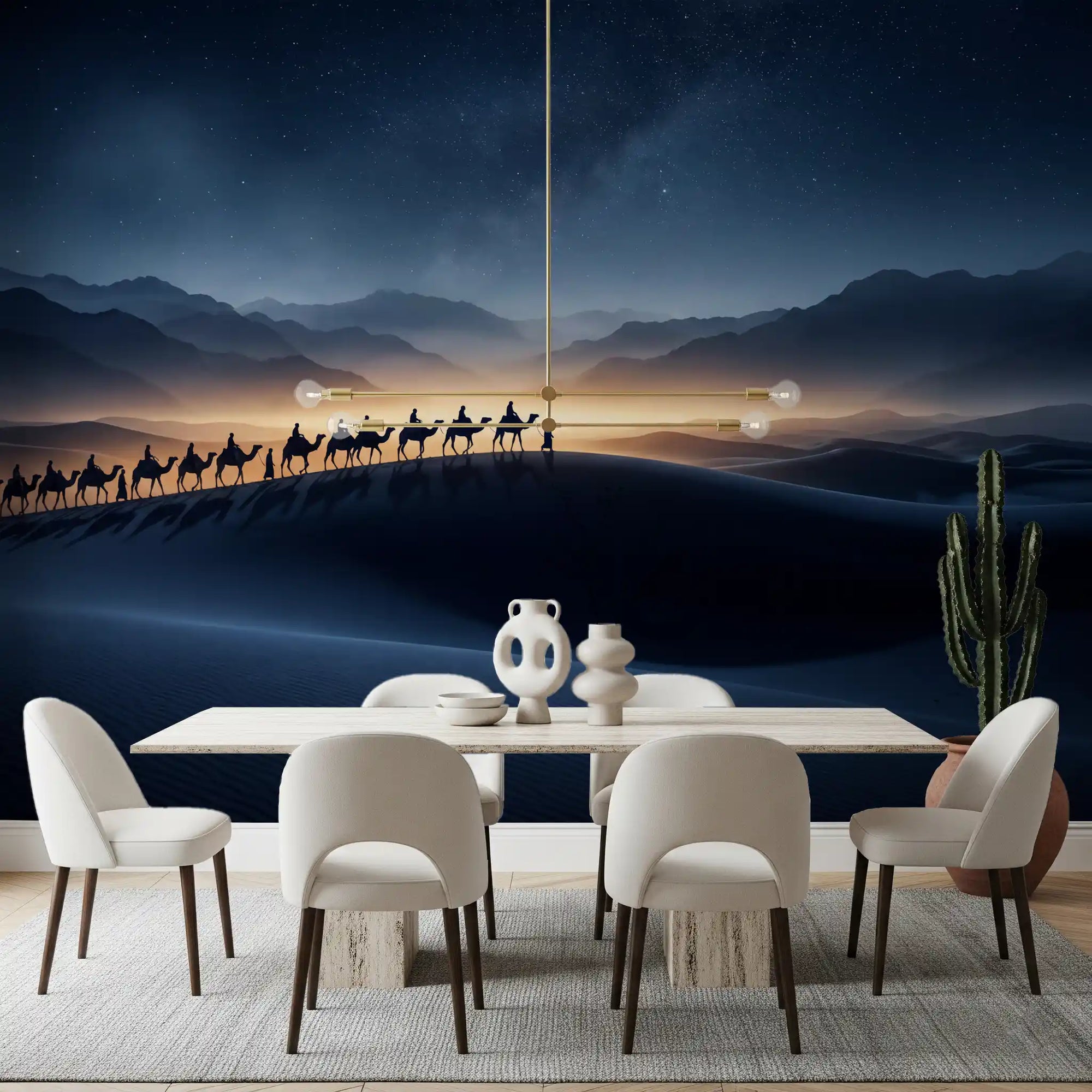 Dining room paired with Desert Odyssey starry night wall mural in deep nav